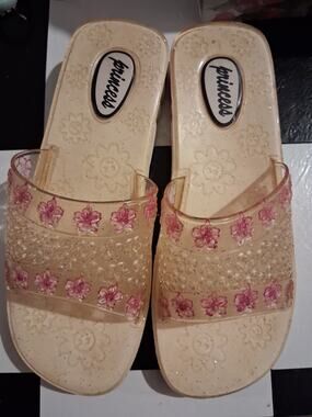 Vtg 90 y2k jelly shoe slides princess clear smiley face hibiscus flower 38 or 7